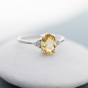 Genuine Citrine Oval Ring in Sterling Silver, Natural Yellow Citrine Ring, Three CZ,  Vintage Inspired Design, US 5 - 8, November Birthstone