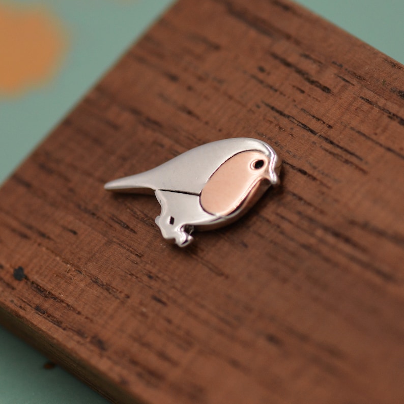 Robin Stud Earrings in Sterling Silver, Silver Bird Earrings, Silver and Rose Gold, Nature Inspired zdjęcie 5