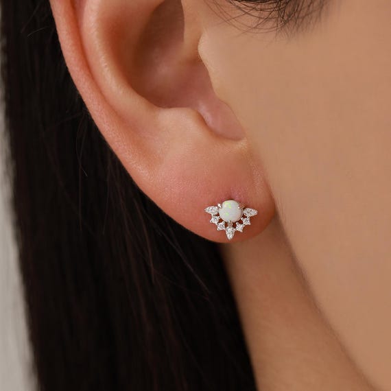 Luckyshine Gold Plated 925 Silver White Fire Opal Stud Earrings – European Flower