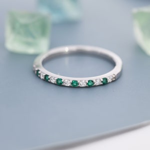Emerald Green and Clear CZ Half Eternity Ring in Sterling Silver, Silver or Gold, Green Emerald CZ Skinny Ring, Stacking Ring US 5 - 8