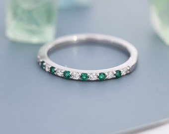 Emerald Green and Clear CZ Half Eternity Ring in Sterling Silver, Silver or Gold, Green Emerald CZ Skinny Ring, Stacking Ring US 5 - 8