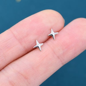 Four Point Star Stud Earrings in Sterling Silver, Tiny Celestial Stud, Polished or Textured, Gold or Silver image 9