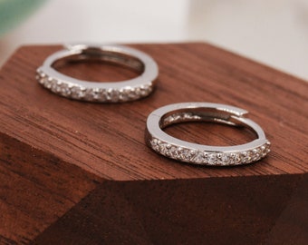 Pair of Minimalist Two-Way Huggie Hoop Earrings in Sterling Silver with Sparkling CZ Crystals, Two Sizes Available, Simple Hoop Earrings