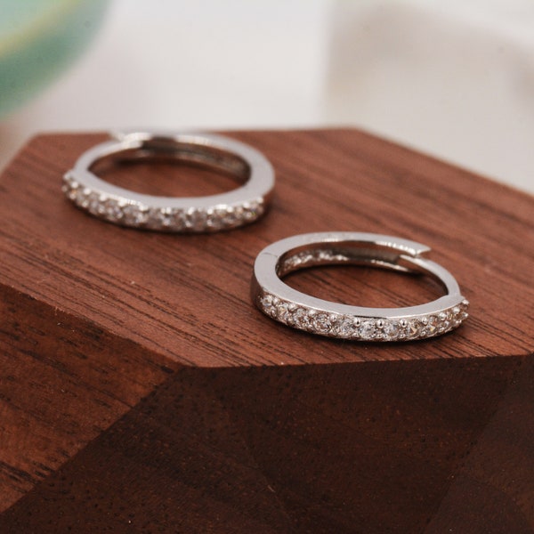 Pair of Minimalist Two-Way Huggie Hoop Earrings in Sterling Silver with Sparkling CZ Crystals, Two Sizes Available, Simple Hoop Earrings