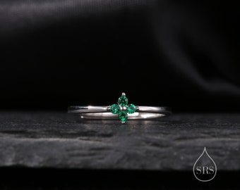 Emerald Green CZ Hydrangea Flower Minimalist Ring in Sterling Silver, Four Crystal Flower Ring, Tiny CZ Ring, US Size 5-8
