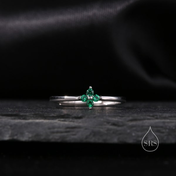 Emerald Green CZ Hydrangea Flower Minimalist Ring in Sterling Silver, Four Crystal Flower Ring, Tiny CZ Ring, US Size 5-8