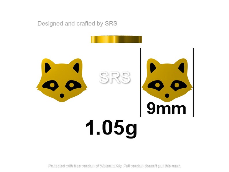 Pode incluir: Encanto de guaxinim dourado com olhos e nariz pretos. O encanto tem 9 mm de tamanho e pesa 1,05 gramas. Projetado e elaborado por SRS.