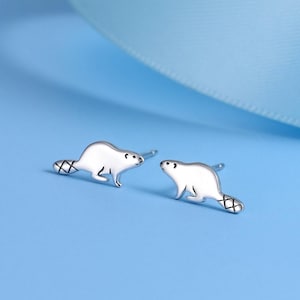 Dainty Beaver Stud Earrings in Sterling Silver, Silver or Gold or Rose Gold, Tiny Silver Beaver Earrings