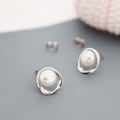 Genuine Freshwater Pearl and Mobius Circle Stud Earrings in Sterling Silver, Delicate Keshi Pearl Halo Earrings,  Genuine Freshwater Pearls