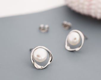 Genuine Freshwater Pearl and Mobius Circle Stud Earrings in Sterling Silver, Delicate Keshi Pearl Halo Earrings,  Genuine Freshwater Pearls