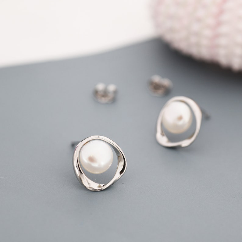 Genuine Freshwater Pearl and Mobius Circle Stud Earrings in Sterling Silver, Delicate Keshi Pearl Halo Earrings, Genuine Freshwater Pearls image 1