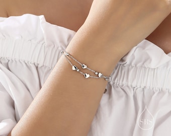 Double Layer Heart Charm Bracelet in Sterling Silver, Silver or Gold or Rose Gold, Small Heart Bracelet, Silver Heart Bracelet