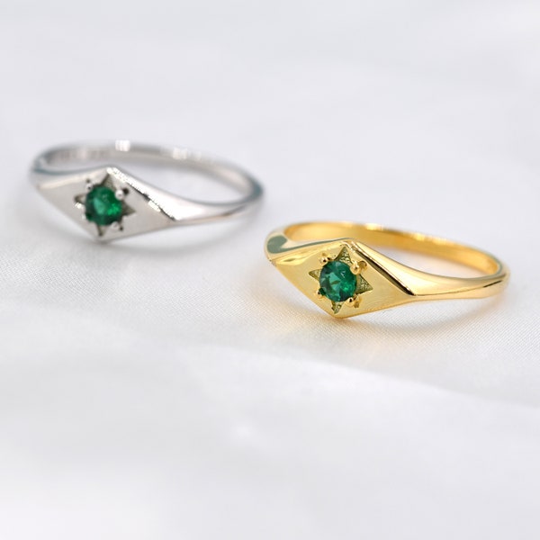 Drachen Siegelring Smaragd in Sterling Silber, Silber oder Gold, Starburst Smaragd CZ Ring, Raute Ring, UNS 5 - 8