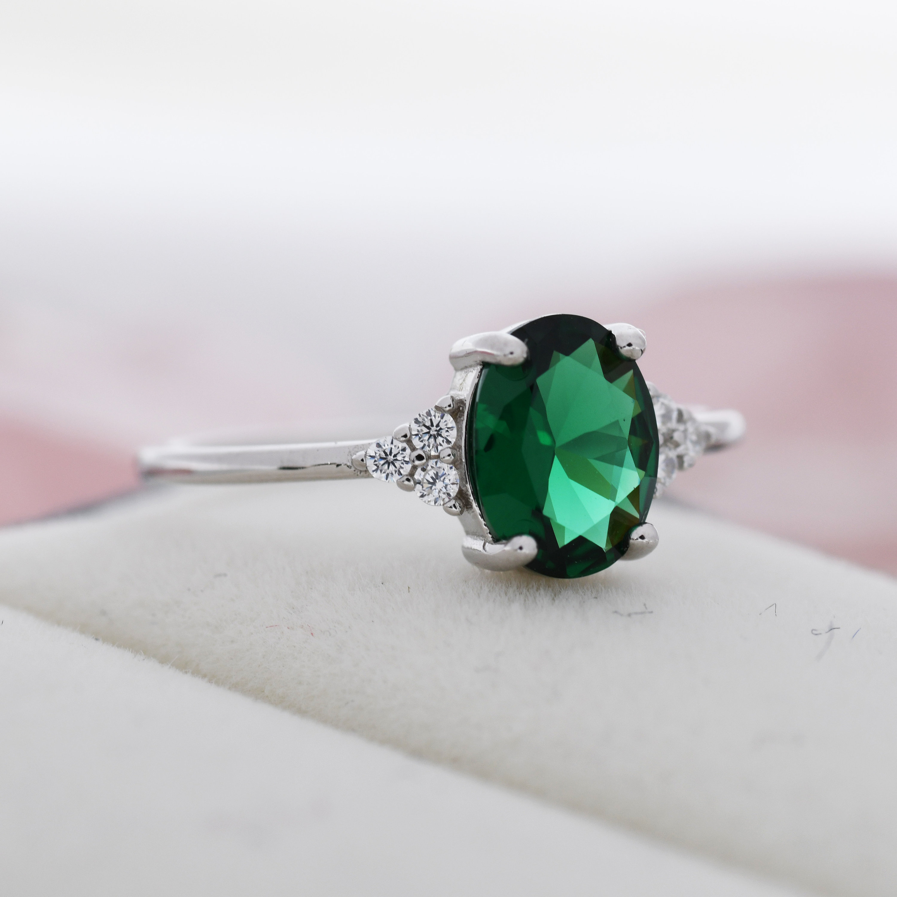 Emerald Green CZ Oval Ring in Sterling Silver Simulated - Etsy UK