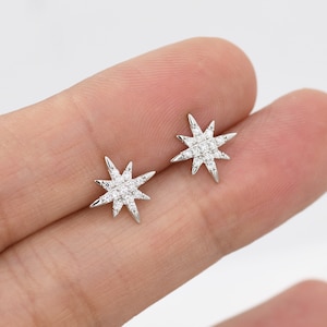 Starburst Stud Earrings in Sterling Silver with Sparkly CZ Crystals, North Star Earrings, Silver Gold and Rose Gold, Celestial Jewellery image 4