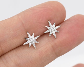 Starburst Stud Earrings in Sterling Silver with Sparkly CZ Crystals, Dainty and Delicate Earrings, Celestial Jewellery