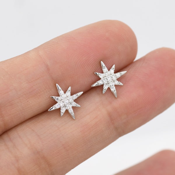 Starburst Stud Earrings in Sterling Silver with Sparkly CZ Crystals, Dainty and Delicate Earrings, Celestial Jewellery