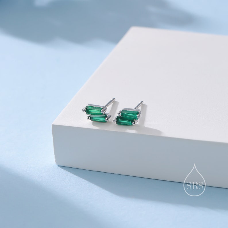 Double Trapezoid Emerald Green CZ Screw back Earrings in Sterling Silver, Silver or Gold, Art Deco CZ Cluster Screwback Earrings or Stud, image 4