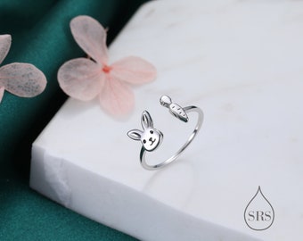 Bague ouverte super mignonne lapin et carotte en argent sterling, réglable, bague lapin et carotte, bague lapin