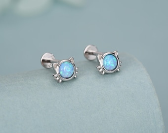 Sterling Silver Opal Cat 16G Flat Back Labret Earrings