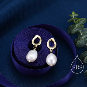 Genuine Fresh Water Pearl Drop Stud Earrings, Baroque Pearl, Sterling silver with 18ct Gold Plating, Contemporary Design image 1