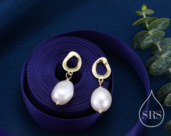 Genuine Fresh Water Pearl Drop Stud Earrings, Baroque Pearl, Sterling silver with 18ct Gold Plating, Contemporary Design