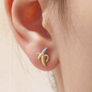 Tiny Banana Stud Earrings in Sterling Silver with Partial Gold Plate, Cute and Quirky Food Jewellery, Fruit Earrings, Banana Earrings