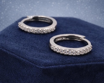 Pair of Minimalist Two-Way Huggie Hoop Earrings in Sterling Silver with Sparkling CZ Crystals, Two Sizes Available, Simple Hoop Earrings