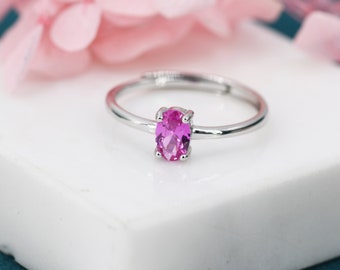 Created Ruby Pink Oval Ring in Sterling Silver,  4x6mm, Prong Set Oval Cut, Adjustable Size, Lab Created Ruby Red CZ Ring