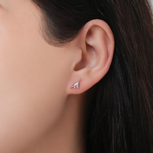 May include: Silver dinosaur stud earrings. The earrings are small and feature a simple design of a dinosaur.