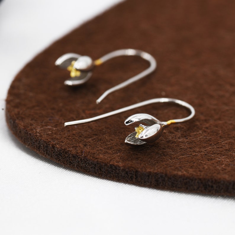 Snowdrop Flower Drop Earrings in Sterling Silver, Silver and Gold, Nature Inspired Flower Earrings, January Birth Flower, Botanical image 5