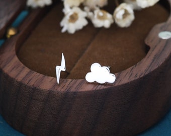 Mismatched Cloud and Lightning Bolt Stud Earrings in Sterling Silver, Asymmetric Tiny Cloud and Lightning Bolt Earrings