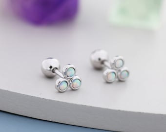 White Opal Trio Screw back Earrings in Sterling Silver, Silver or Gold, Opal Trinity Earrings,  Screwback Barbell