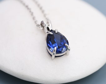Royal Sapphire Blue Pear Cut CZ Necklace in Sterling Silver, 7 x 9mm, Dark Blue Droplet necklace, Diamond CZ, September Birthstone