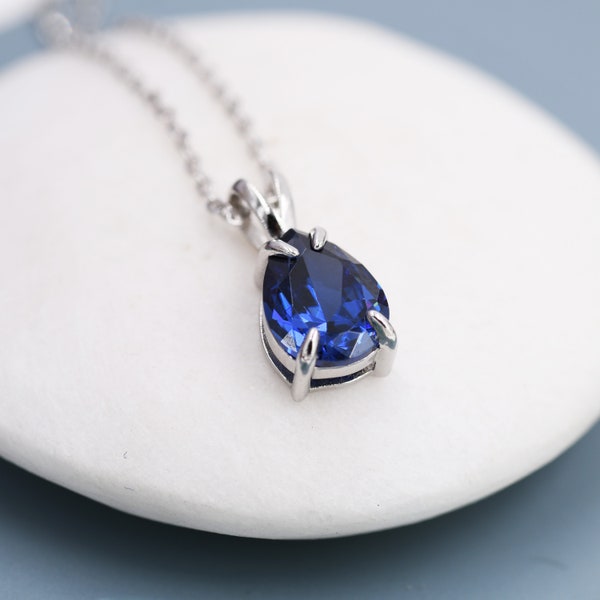 Royal Sapphire Blue Pear Cut CZ Necklace in Sterling Silver, 7 x 9mm, Dark Blue Droplet necklace, Diamond CZ, September Birthstone