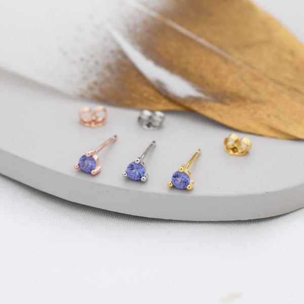 Sterling Silver Tanzanite Blue Stud Earrings,  3mm December Birthstone CZ Earrings, Three Prong, Silver, Gold or Rose Gold, Stacking Earring