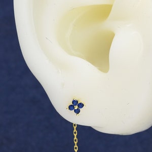 Sapphire Blue Hydrangea Flower CZ Threader Earrings in Sterling Silver, Silver or Gold, Four Dot Crystal Ear Threaders, Flower CZ Earrings image 5