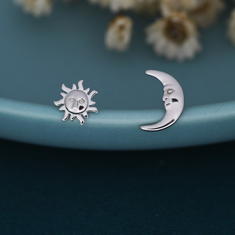 Mismatched Sun and Moon Stud Earrings in Sterling Silver, Asymmetric Man in the Moon and Sun Face Earrings, Silver Moon Face Earrings image 1