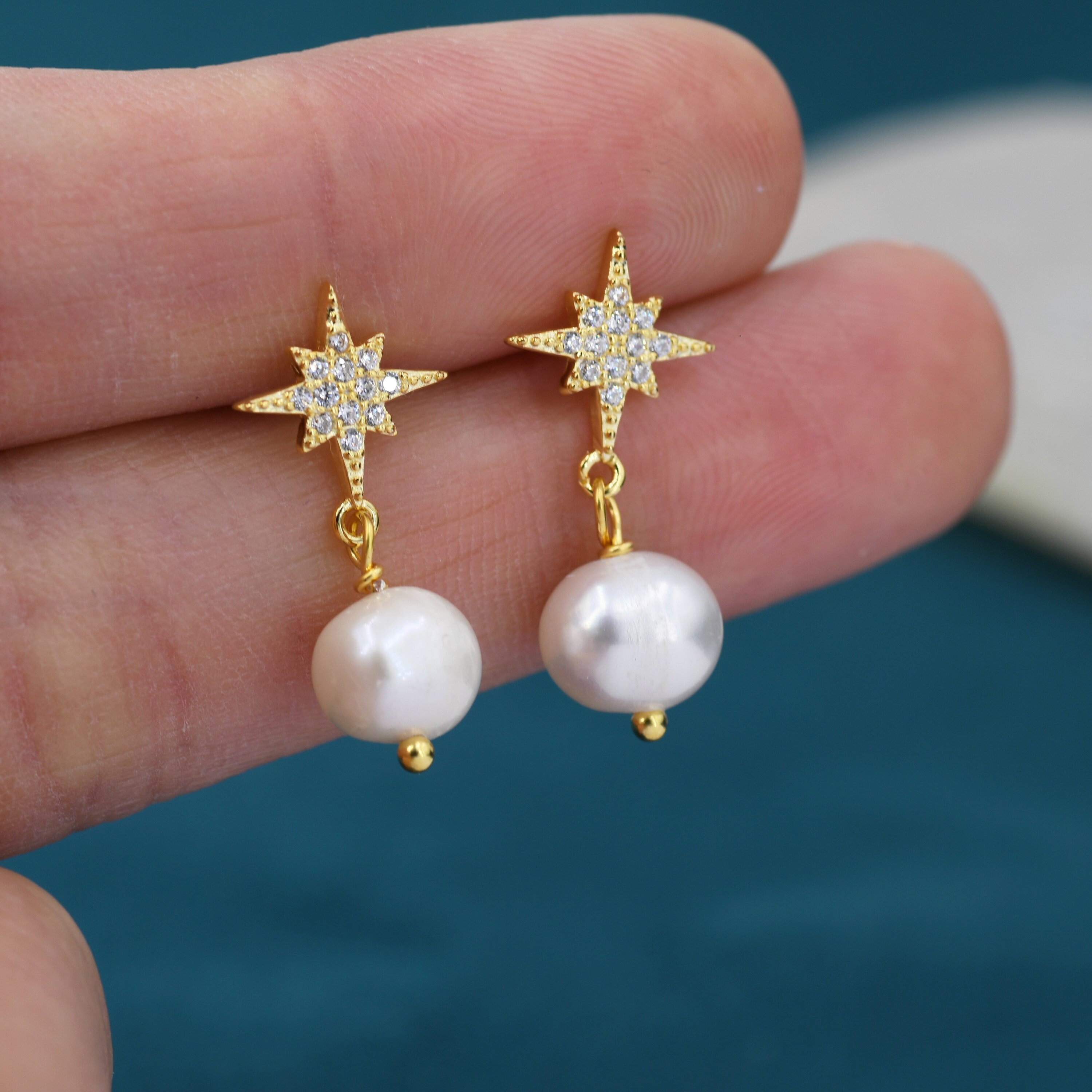 Starburst Star With Baroque Pearl Drop Earrings in Sterling