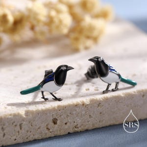 Tiny Sterling Silver Magpie Bird Stud Earrings,  Enamel Coated Magpie Bird Earrings, Nature Inspired Animal Earrings, Magpie Stud