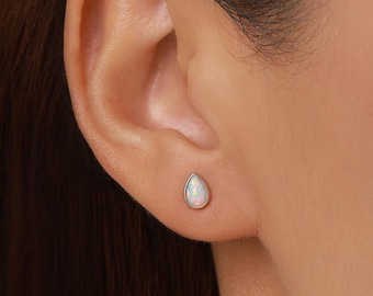 White Opal Droplet Stud Earrings in Sterling Silver