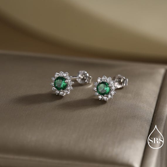 Orecchini a forma di fiore verde con cristalli e ganci per orecchini in argento sterling