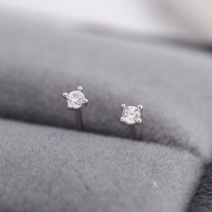 Extra Tiny CZ Stud Earrings in Sterling Silver, Barely Visible Stud Earrings, 2mm Crystal Earrings, Tiny Crystal Earrings zdjęcie 2