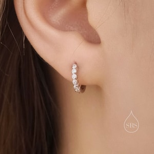 Delicate CZ Huggie Hoop Earrings in Sterling Silver, 8mm Inner Diameter, Silver or Gold, Geometric Hoop Earrings
