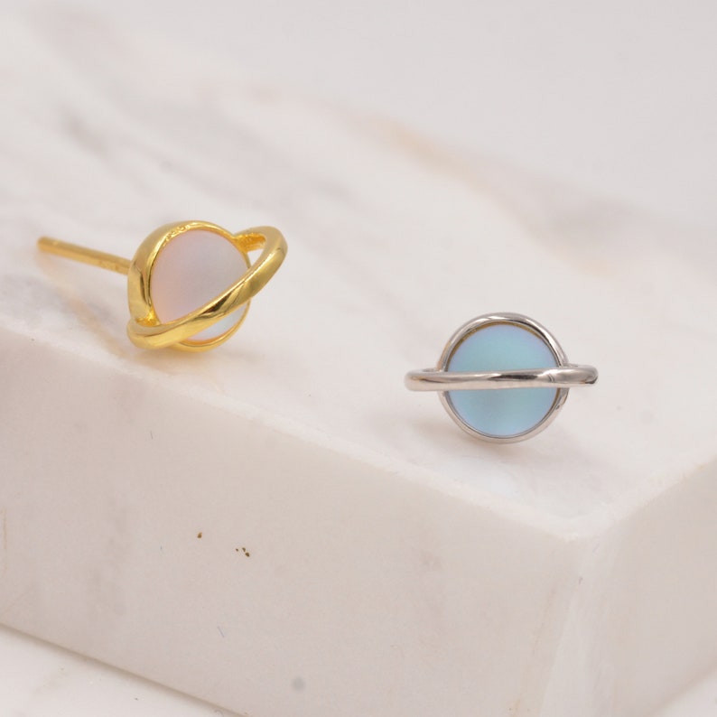 Little Planet Stud Earrings in Sterling Silver - Simulated Moonstone - Gold or Silver - Sold as a Pair - Cute, Fun, Whimsical and Pretty image 4