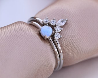 Moonstone Ring and Tiara Ring in Sterling Silver, Mermaid Crystal Ring, Minimalist Aurora Ring, US 5 - 8