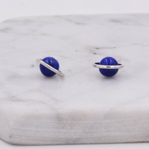 Sterling Silver 'Blue Planet' Saturn Planet Halo Stud Earrings with Lapis Lazuli Gemstone, Gold or Silver, Cute Fun Quirky Design image 4