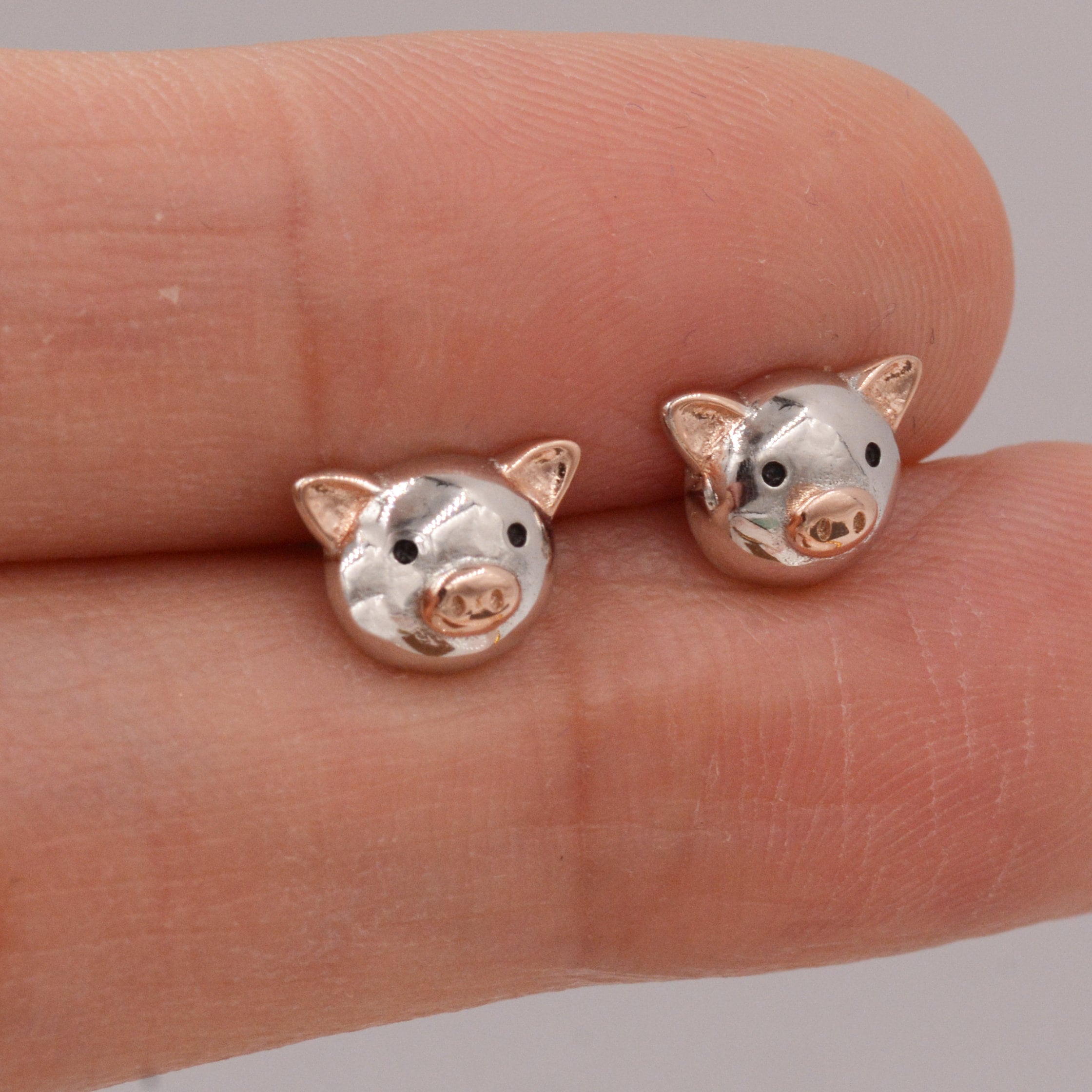 Cute Little Pig Stud Earrings in Sterling Silver - Silver and Rose Gold - Farm Animal Earrings - Whimsical and Pretty Jewellery