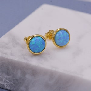 Sterling Silver Blue Opal  Stone Crystal Stud Earrings. Gold or Silver, Round Minimalist Dot Geometric Design. bridesmaid jewellery.