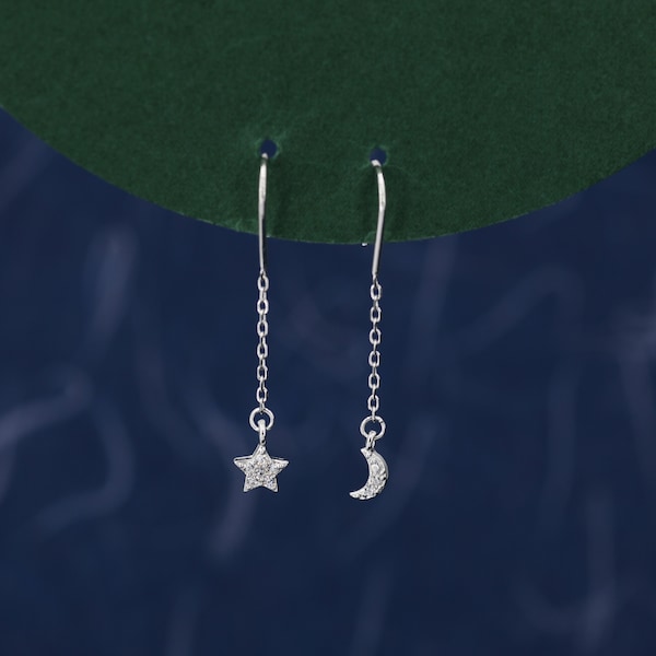 Boucles d'oreilles asymétriques étoile et lune CZ Drop en argent sterling, boucles d'oreilles délicates étoile et lune Threader, boucles d'oreilles Dainty Open Star Dangle